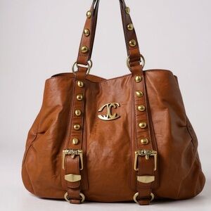 Just Roberto Cavalli Vintage Leather Big Logo Studs Shoulder Tote Satchel Bag L